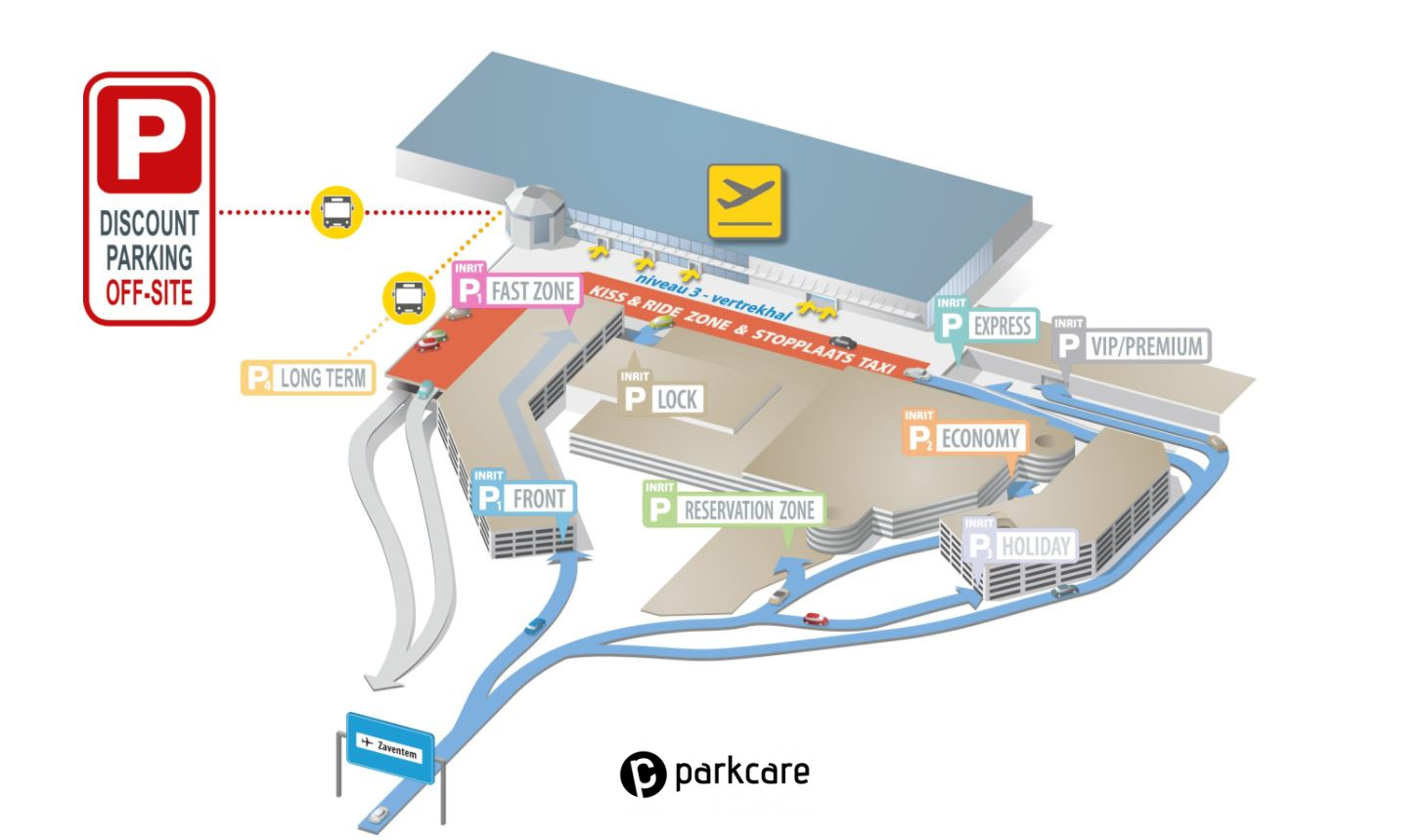 Localisation des différents parkings à l'aéroport de Bruxelles